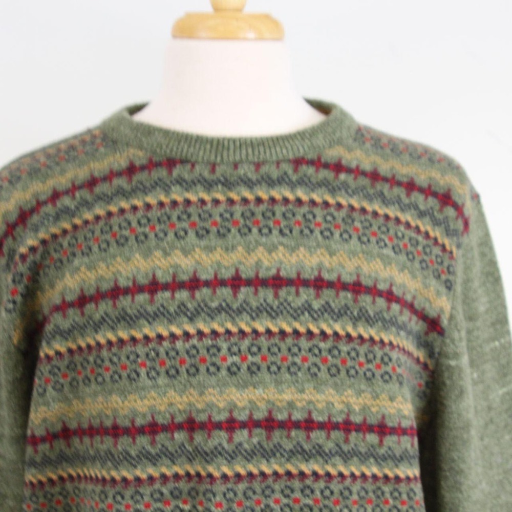 Nautica Men's XL Olive Fair Isle Grandpa Sweater 100% Cotton Retro Preppy - Picture 2 of 8